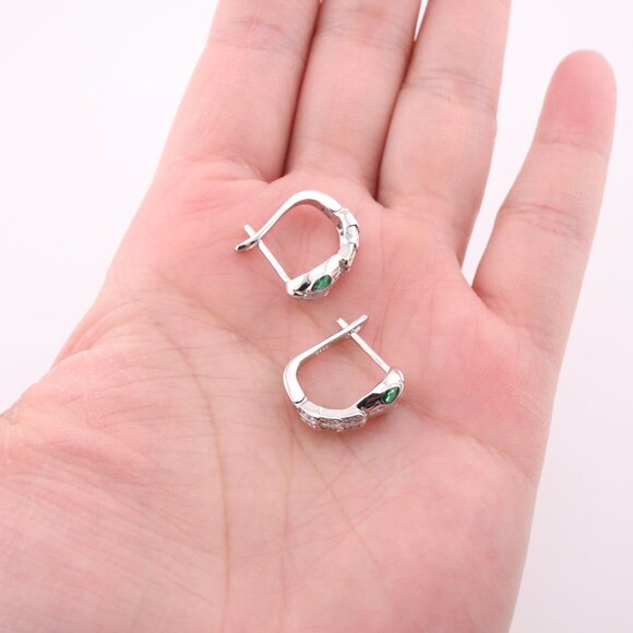 Women's Sterling Silver Serpent Hoop Earrings with Green CZ Eyes Huggie Style ** - Picture 9 of 11